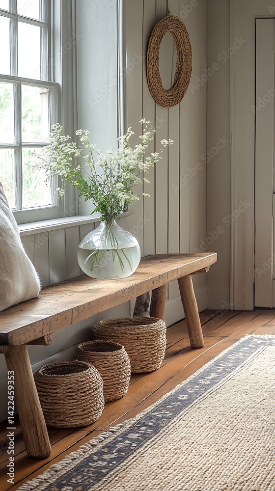 Rustic Wooden Bench with Floral Arrangement by Window, Woven Baskets, and Textured Rug in Neutral-Toned Interior Space.