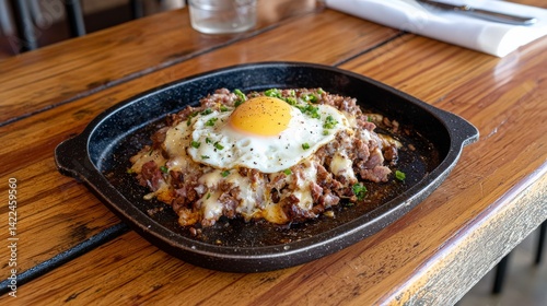 Sizzling Pork Sisig with Raw Egg on Wooden Table