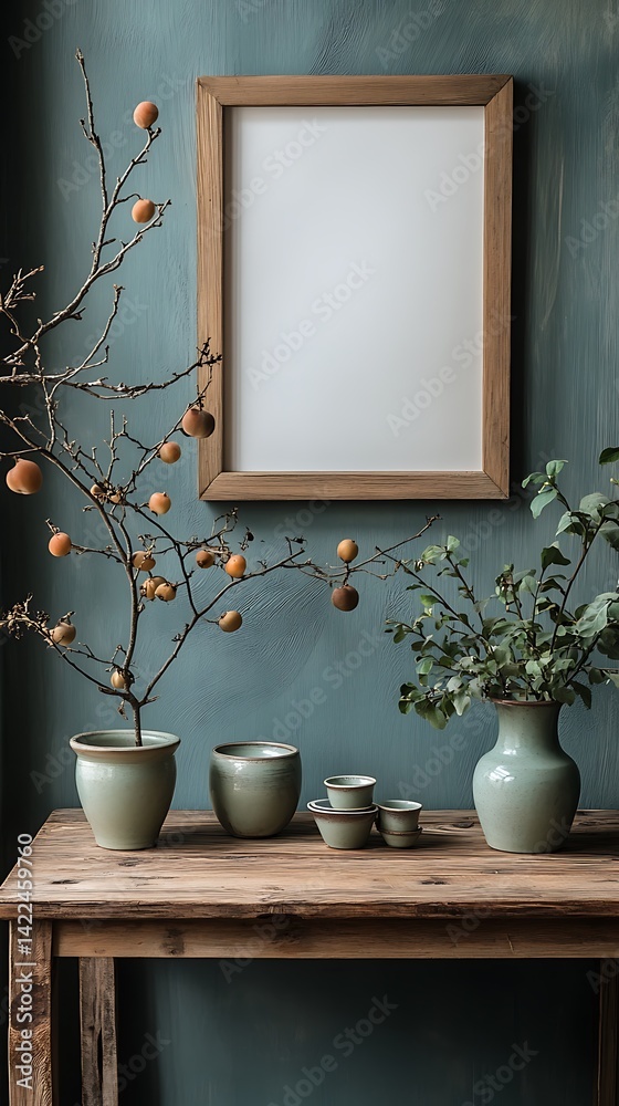 Rustic Wooden Frame Mockup with Botanical Elements on a Vintage Wooden Table Against a Textured Wall, Ready for Art.