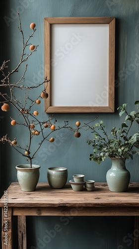 Obraz na płótnie Rustic Wooden Frame Mockup with Botanical Elements on a Vintage Wooden Table Against a Textured Wall, Ready for Art. w salonie