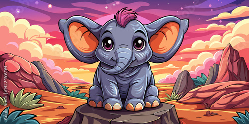 Cute baby elephant cartoon sitting on rocky stage, vector illustration animal