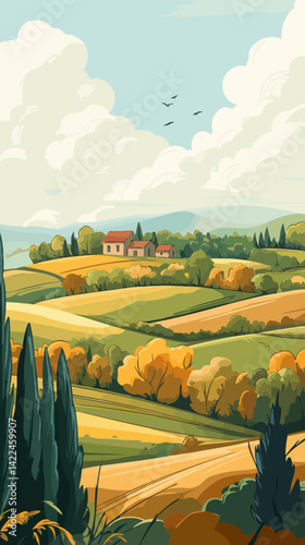 Idyllic Countryside Landscape in Flat Minimalist Vector Style with Rolling Hills and Farmhouses