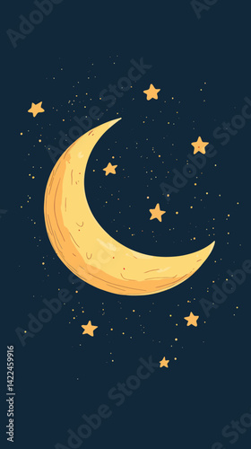 Dreamy Crescent Moon with Stars on Night Sky Vector Illustration