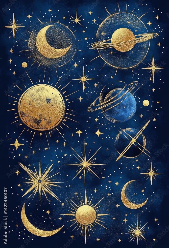 Celestial Dreamscape Golden Moon, Stars and Planets on Deep Blue, Astrology ,Cosmos Celestial Dreamscape Golden Moon, Stars and Planets on Deep Blue, Astrology ,Cosmos