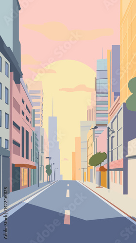 Minimalist City Street at Sunrise in Flat Vector Style for Urban Design Projects