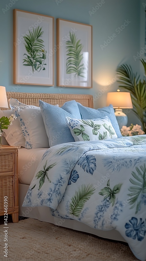 Serene bedroom retreat with blue hues, botanical artwork, comfortable bedding, and natural light creating a peaceful, relaxing atmosphere.