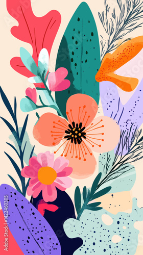 Colorful Floral Happy Birthday Card with Whimsical Leaves and Flowers Vector