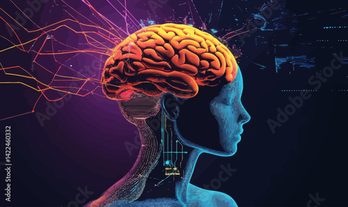AI Neural Network Brain in Minimalist Vector Style - Technological Art Innovation