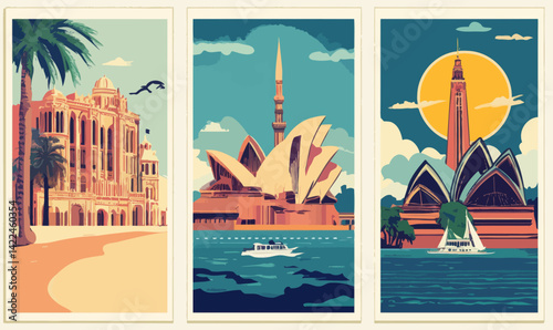 Retro Travel Destination Posters of Tunisia, Barcelona, Sydney in Vintage Vector Art
