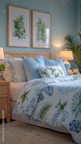 Obraz na płótnie Serene bedroom retreat with blue hues, botanical artwork, comfortable bedding, and natural light creating a peaceful, relaxing atmosphere. w salonie