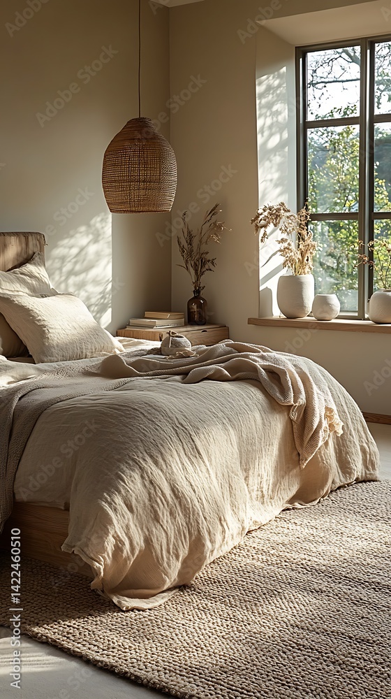 Serene Bedroom Retreat with Natural Light, Textured Bedding, and Woven Accents Creating a Cozy and Relaxing Atmosphere.