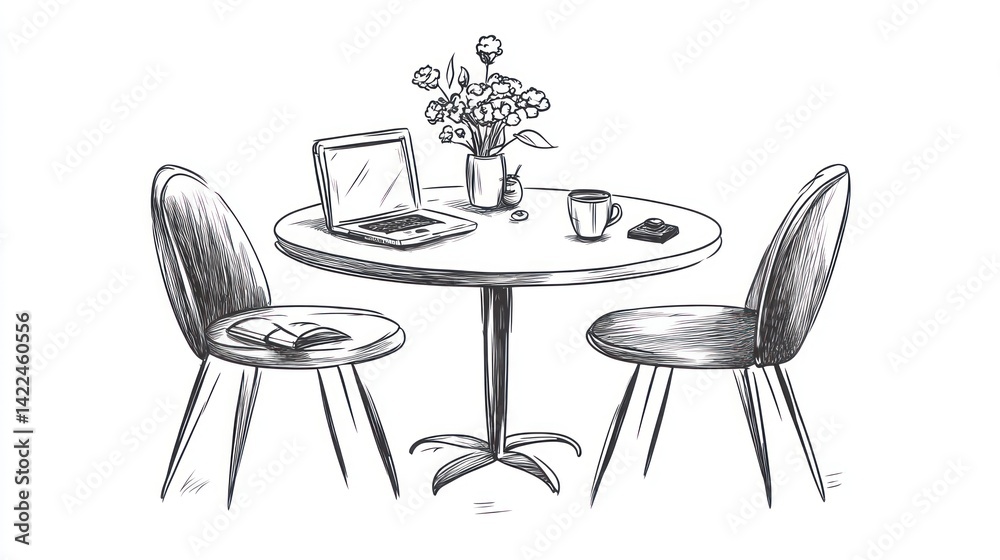 Round table with laptop, coffee, and flowers; home office sketch; vintage style; digital illustration; vector art; graphic design; work from home Round table with laptop, coffee, and flowers; home office sketch; vintage style; digital illustration; vector art; graphic design; work from home