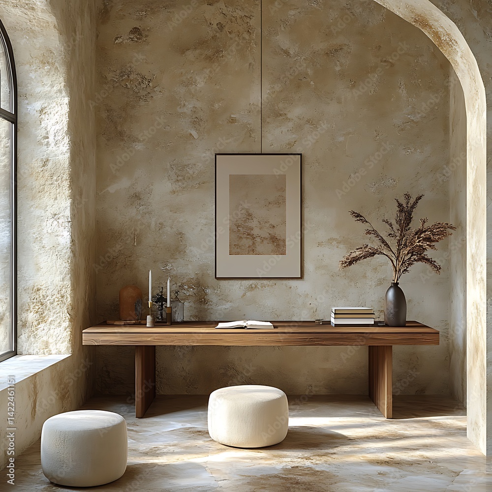 Serene home interior featuring natural light, textured walls, wooden desk, minimalist décor, and comfortable seating, creating a calm and inviting space.
