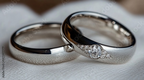 Elegant pair of silver wedding rings, one plain and one adorned with diamonds, resting on a soft white fabric background.