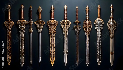 Elegant handcrafted swords with luxurious golden details and fantasy-inspired craftsmanship
