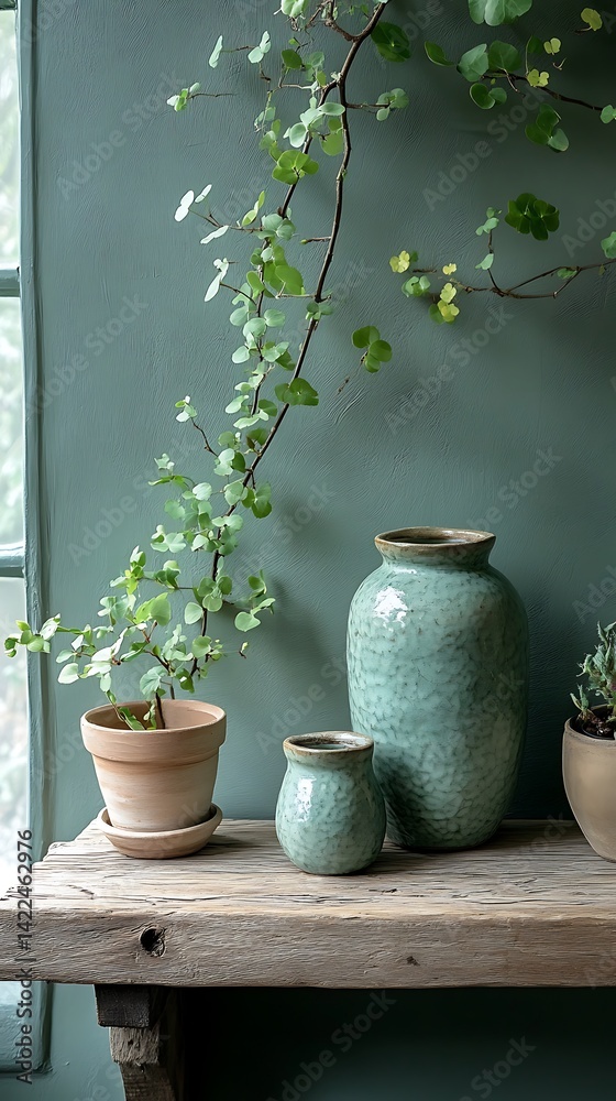 Still Life with Plants in Pots and Ceramic Vases on Rustic Wooden Shelf Against Textured Green Wall, Interior Decor.