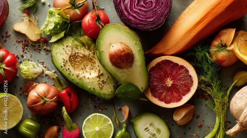 Vibrant mix of fresh fruits and vegetables, showcasing a healthy and colorful food selection.