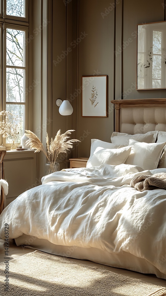 Sunlit Cozy Bedroom Interior Design Featuring Neutral Colors, Natural Light, Elegant Furnishings and Relaxing Atmosphere for Serene Living.