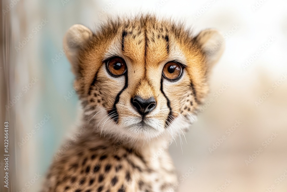 Obraz premium A close-up of a young cheetah with expressive eyes and distinctive spots, showcasing its curious and playful nature.