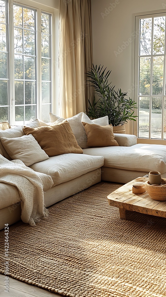 Sunlit Interior Scene: Comfortable Couch with Pillows, Rustic Coffee Table, and Textured Rug near Large Windows.