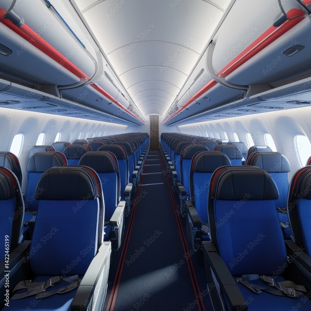 Fototapeta premium Interior view of a Southwest Airlines airplane cabin showcasing comfortable seating on a sunny daytime flight