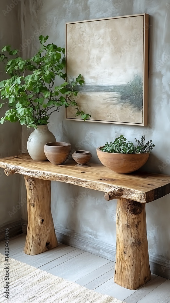Rustic Wooden Console Table with Art and Plants, Natural Style Interior Home Decor Still Life Arrangement.