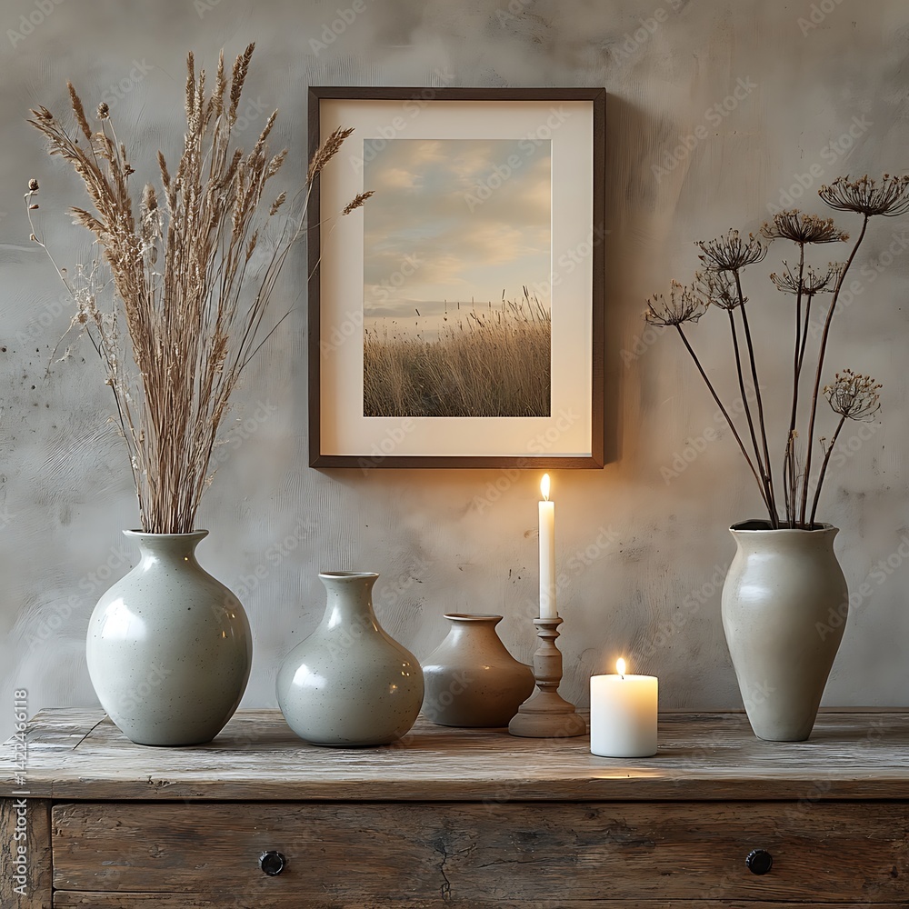Rustic Interior Still Life with Vases, Dried Plants, Artwork, and Candles on a Wooden Surface Against a Textured Wall.