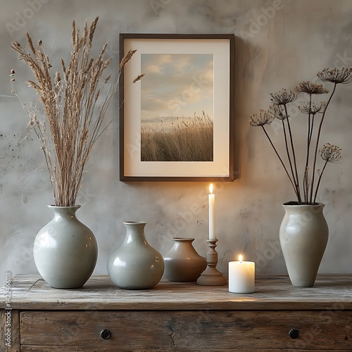 Obraz na płótnie Rustic Interior Still Life with Vases, Dried Plants, Artwork, and Candles on a Wooden Surface Against a Textured Wall. w salonie
