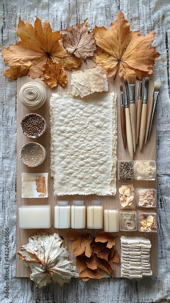 Artistic Still Life Arrangement Featuring Autumn Leaves, Natural Textures, Paintbrushes, and Various Crafting Elements for Creative Projects.