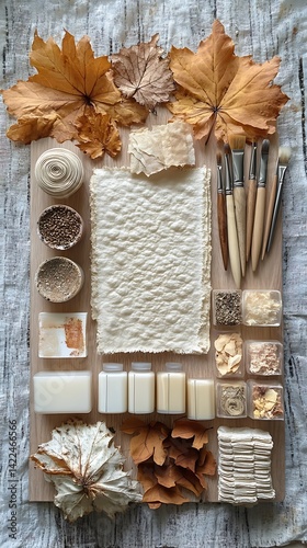Obraz na płótnie Artistic Still Life Arrangement Featuring Autumn Leaves, Natural Textures, Paintbrushes, and Various Crafting Elements for Creative Projects. w salonie