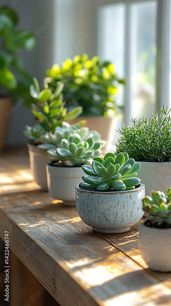Assorted potted plants thriving in a bright, sunlit indoor space, bringing a touch of nature to the interior design.