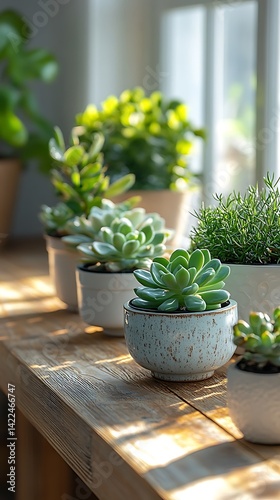 Obraz na płótnie Assorted potted plants thriving in a bright, sunlit indoor space, bringing a touch of nature to the interior design. w salonie