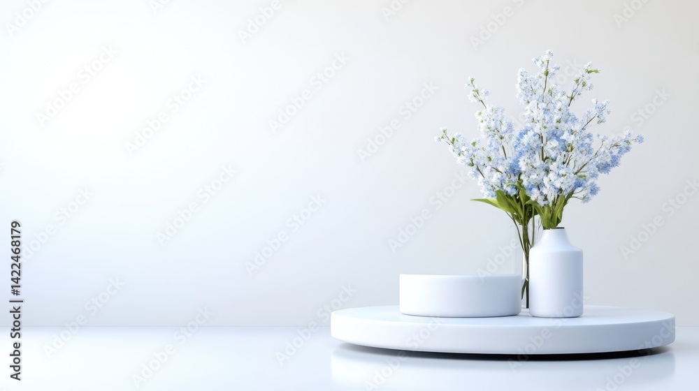 Fototapeta premium Minimalist white podiums and a vase with light blue flowers on a clean studio background.