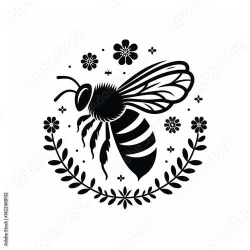 Black and white bee icon silhouette vector art illustration