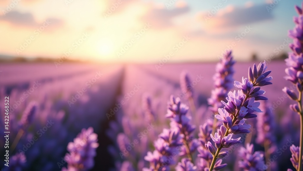Fototapeta premium Lavender Field at Sunset: A Serene Landscape