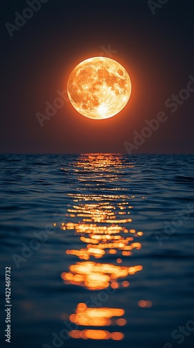 Orange moon rising over calm ocean at night, romantic backdrop photo