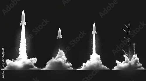 Spacecraft launches in sequential stages against a black backdrop. photo