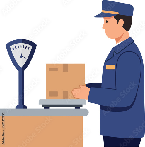 Worker weighing package on scale in postal service uniform vector illustration 