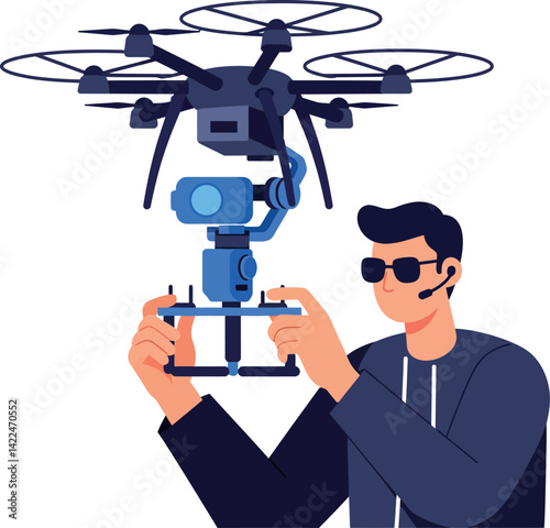 Man operating drone with camera for aerial photography and videography technology