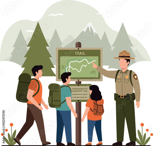 Park Ranger Explaining Hiking Trail Map to Family with Backpacks Vector Illustration 