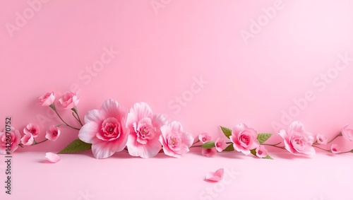 Pink floral decoration on soft pastel background for spring wedding greeting card invitation, copy space