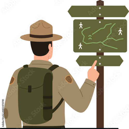Park ranger reading trail map with backpack and hat in outdoor navigation scene 