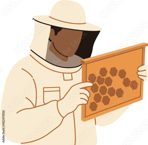 Beekeeper inspecting honeycomb frame in protective suit and hat vector illustration 