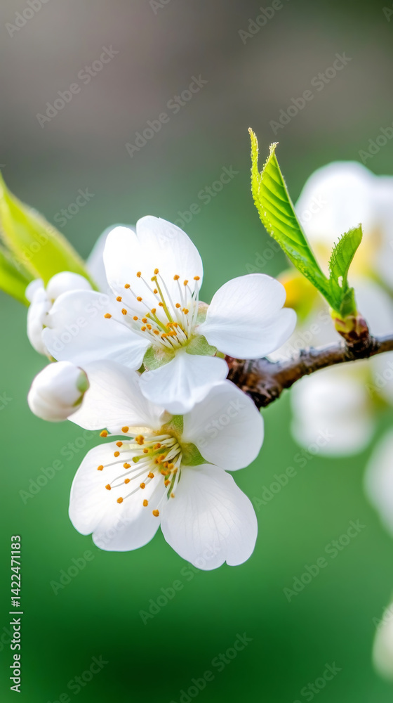 Fototapeta premium Macro view of cherry blossoms in bloom on fruit tree branch
