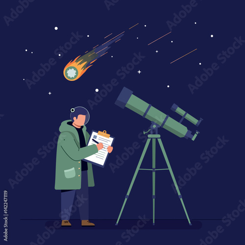 Astronomer observing night sky with telescope and recording meteor shower in dark blue background vector illustration 