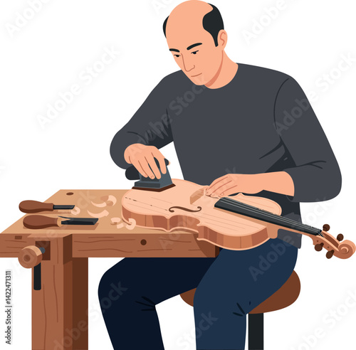 Man crafting violin woodworking instrument making hobby art detailed scene vector illustration 