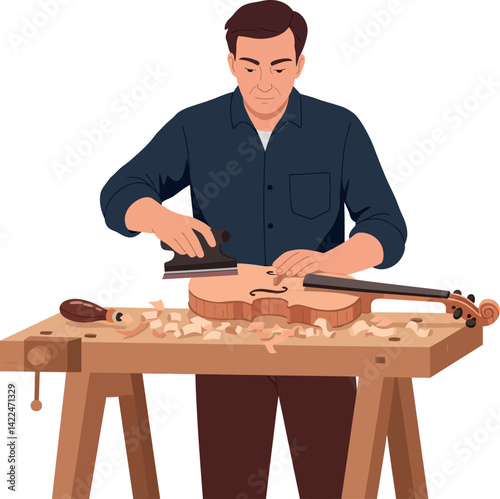 Man crafting wooden violin on workbench detailed woodworking vector illustration 