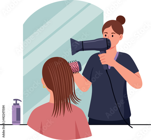 Hairdresser drying client hair with blow dryer in salon interior vector illustration 
