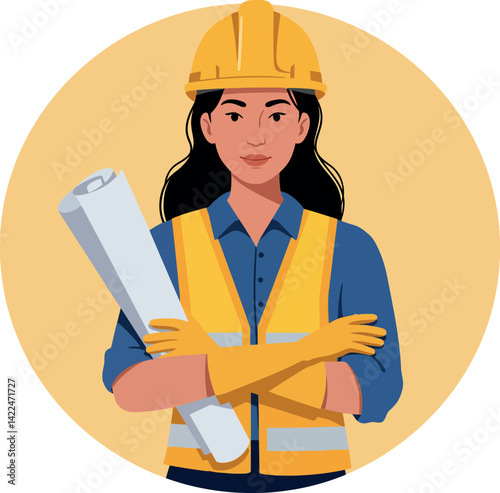 Female Construction Worker Wearing Safety Helmet Holding Blueprints Vector Illustration 