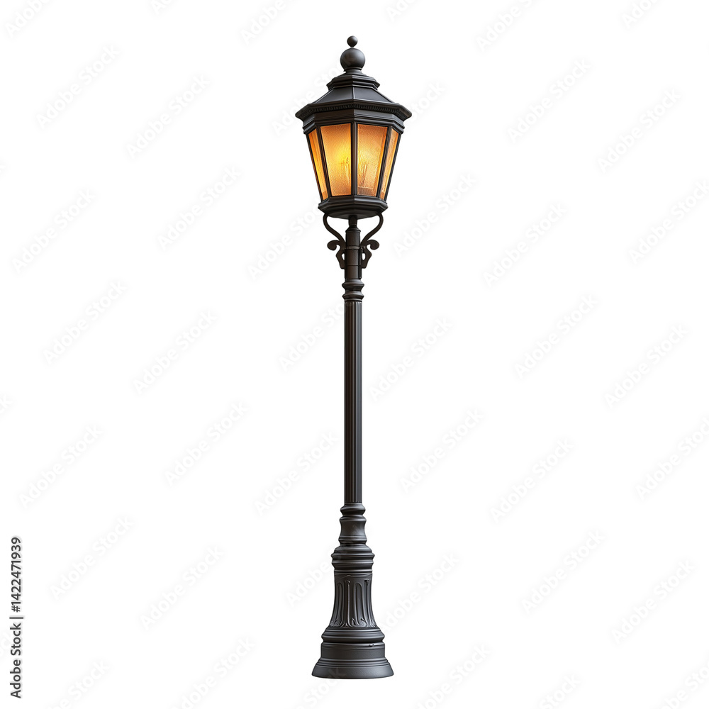 Fototapeta premium Illuminated vintage street lamp against a night setting isolated on transparent background
